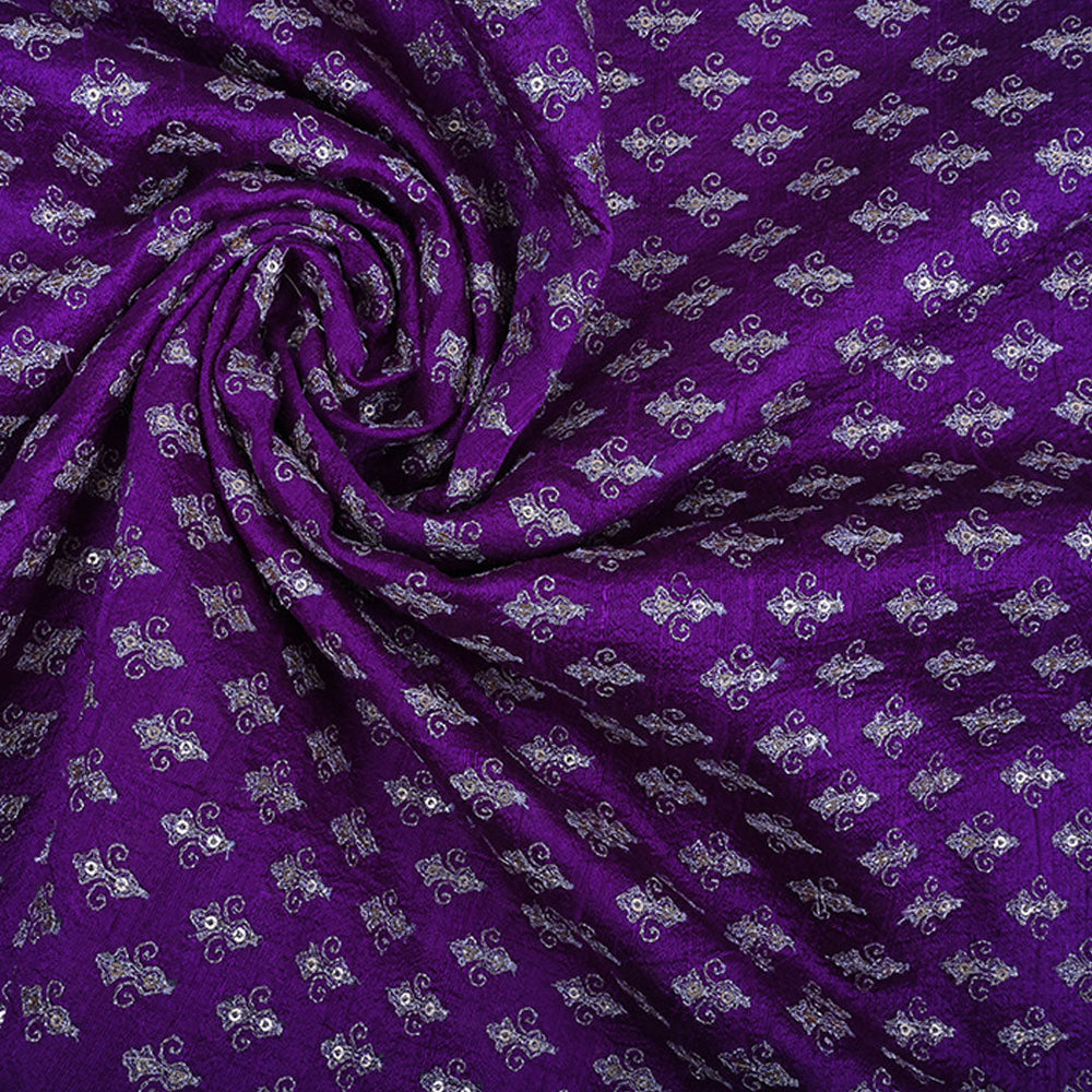 Dark Violet Rawsilk Fabric With Floral Butti Pattern