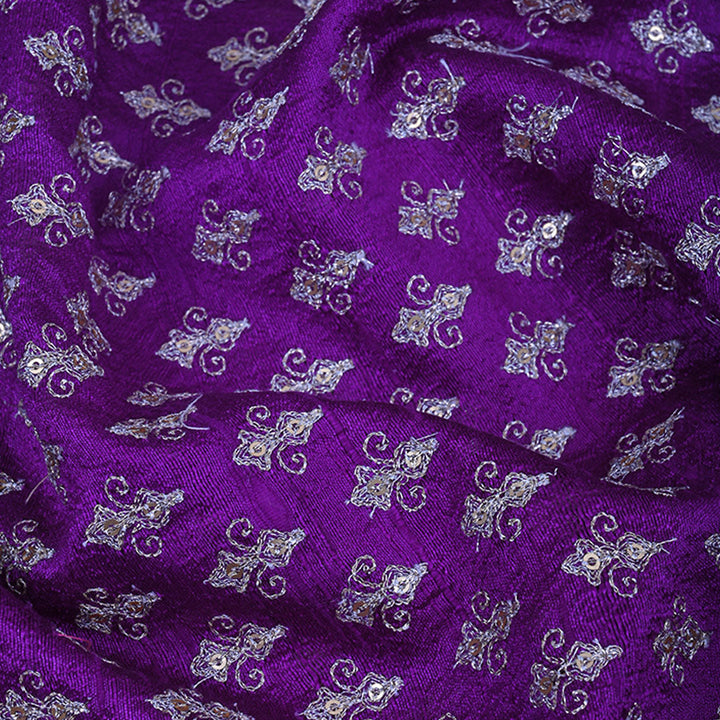 Dark Violet Rawsilk Fabric With Floral Butti Pattern