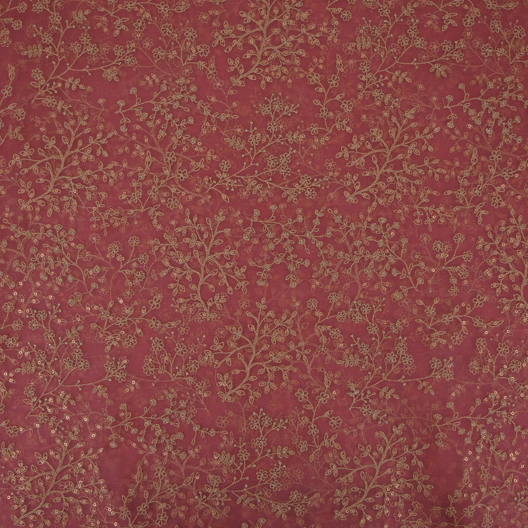 Hibiscus Red Zari-Thread Embroidery Organza Fabric