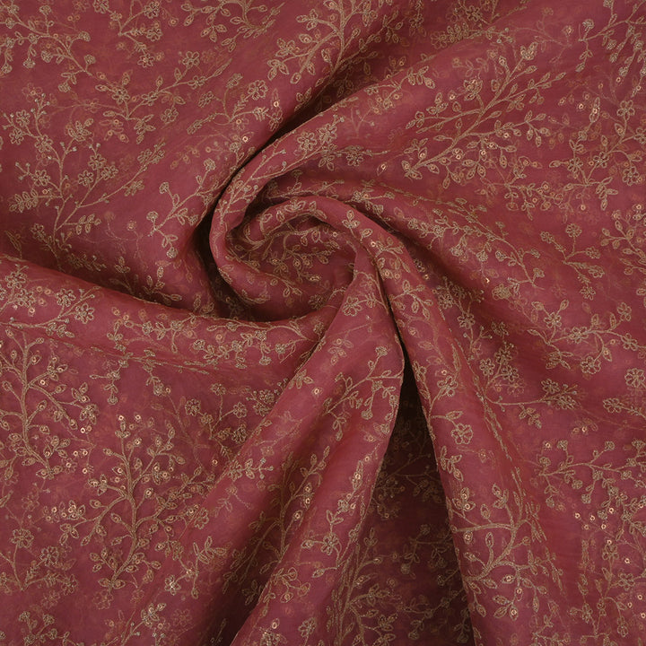 Hibiscus Red Zari-Thread Embroidery Organza Fabric