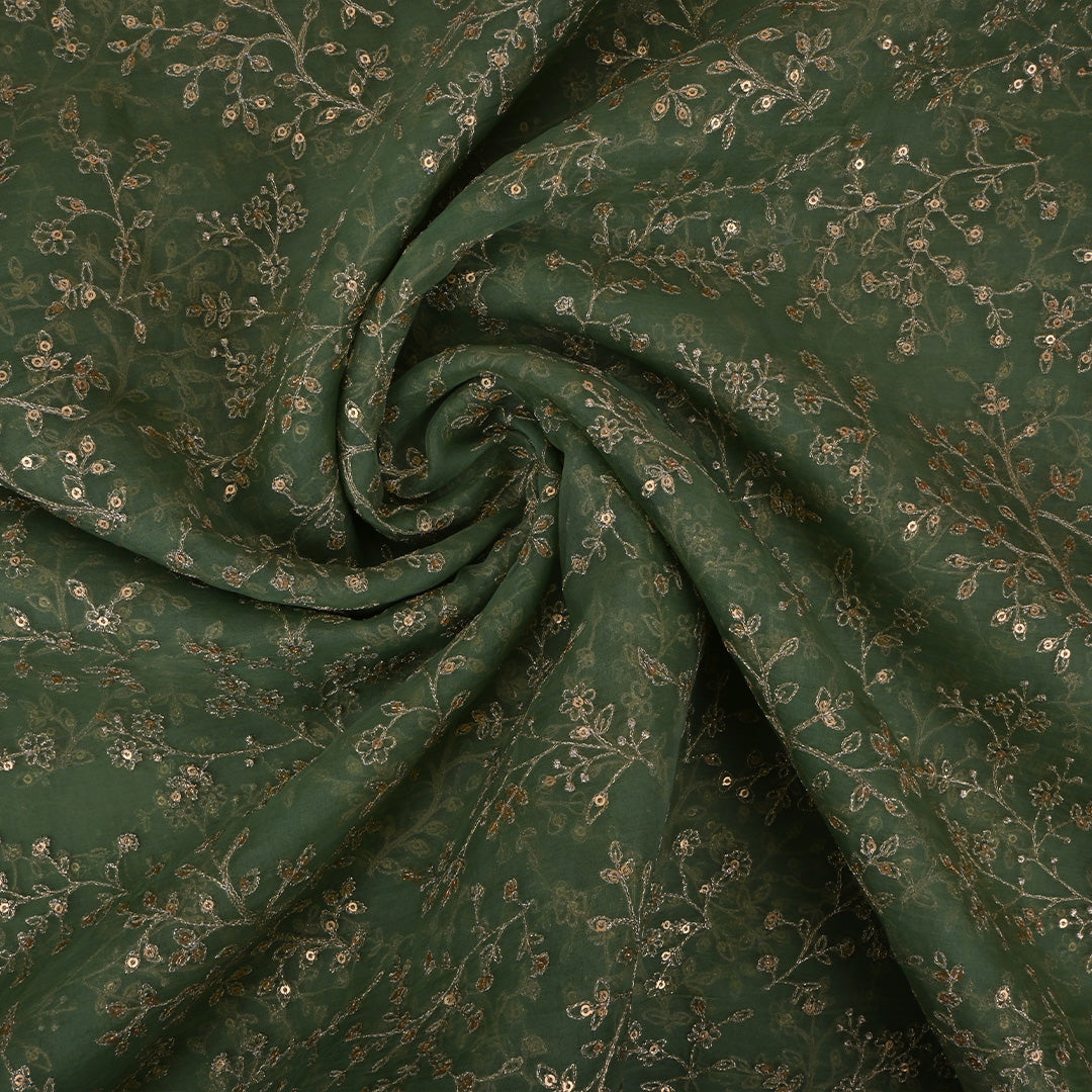 Viridian Green Zari-Thread Embroidery Organza Fabric