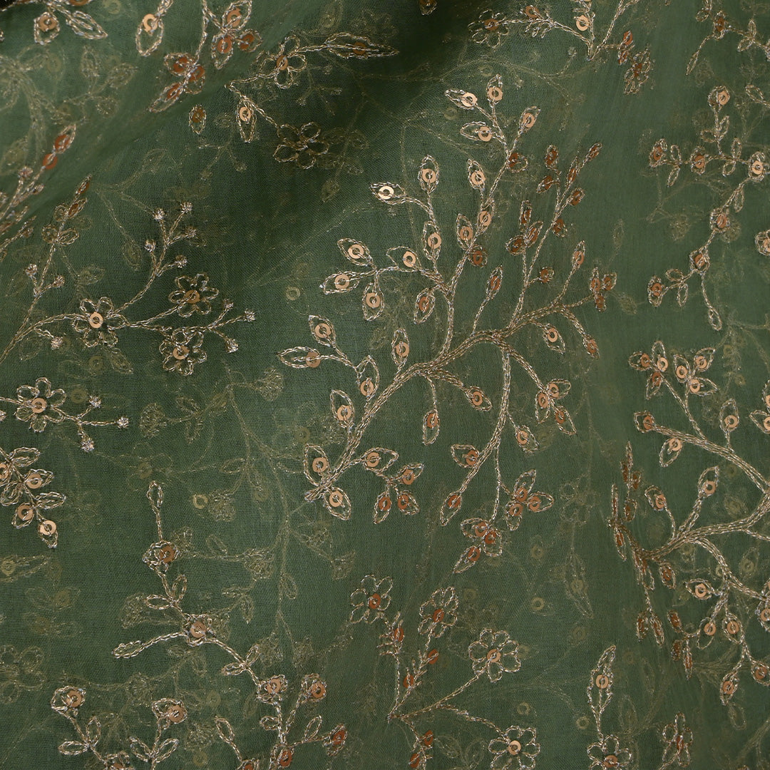 Viridian Green Zari-Thread Embroidery Organza Fabric