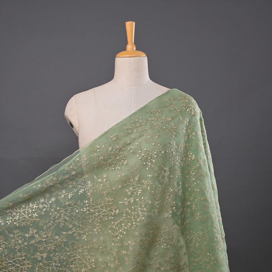 Viridian Green Zari-Thread Embroidery Organza Fabric