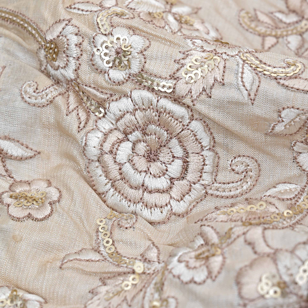 Ivory White Embroidered Tussar Fabric