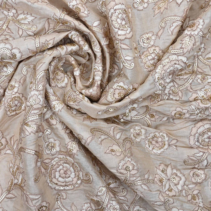 Ivory White Embroidered Tussar Fabric