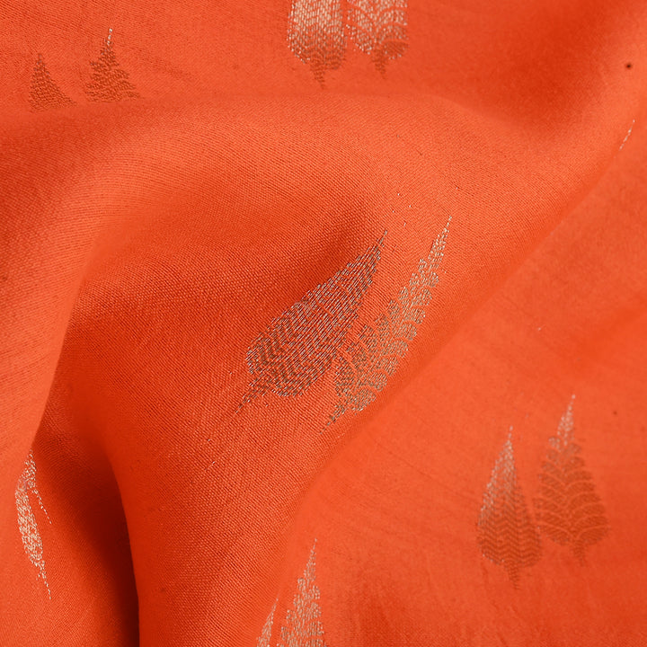 Bright Orange Banarasi Fabric With Leaf Buttis Weaving