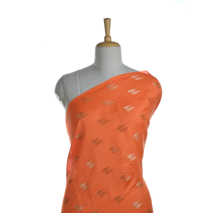 Bright Orange Banarasi Fabric With Leaf Buttis Weaving
