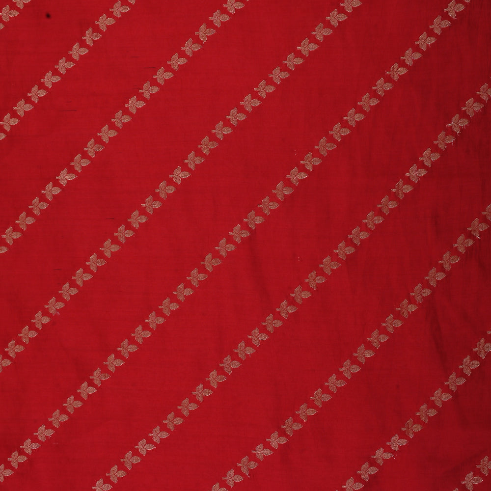 Warm Red Banarasi Fabric With Leaf Motif Stripes