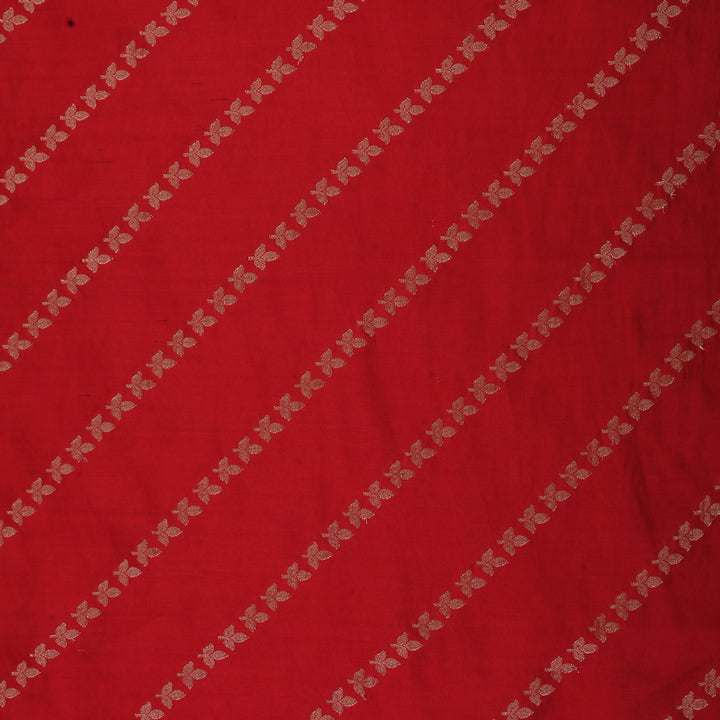 Warm Red Banarasi Fabric With Leaf Motif Stripes
