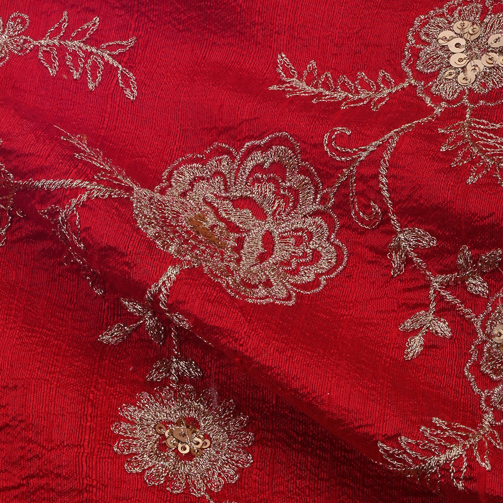 Chili Red Raw Silk Fabric With Zari Embroidery