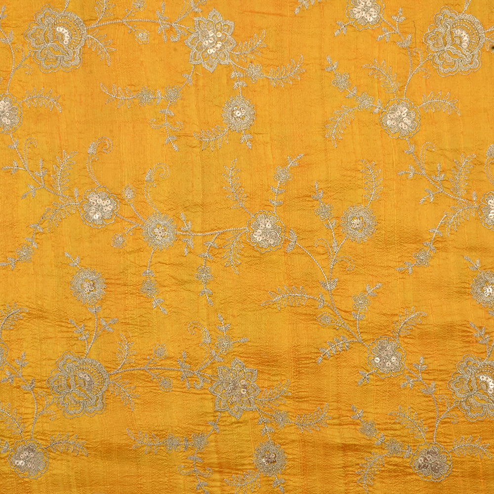 Robust Yellow Raw Silk Fabric With Zari Embroidery