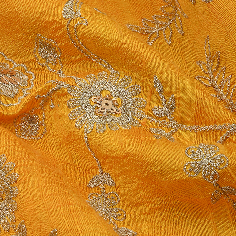 Robust Yellow Raw Silk Fabric With Zari Embroidery