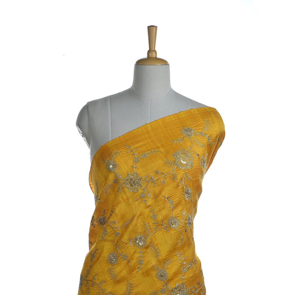 Robust Yellow Raw Silk Fabric With Zari Embroidery