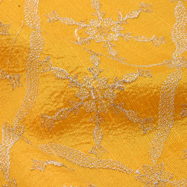 Honey Yellow Zari Embroidery Raw Silk Fabric