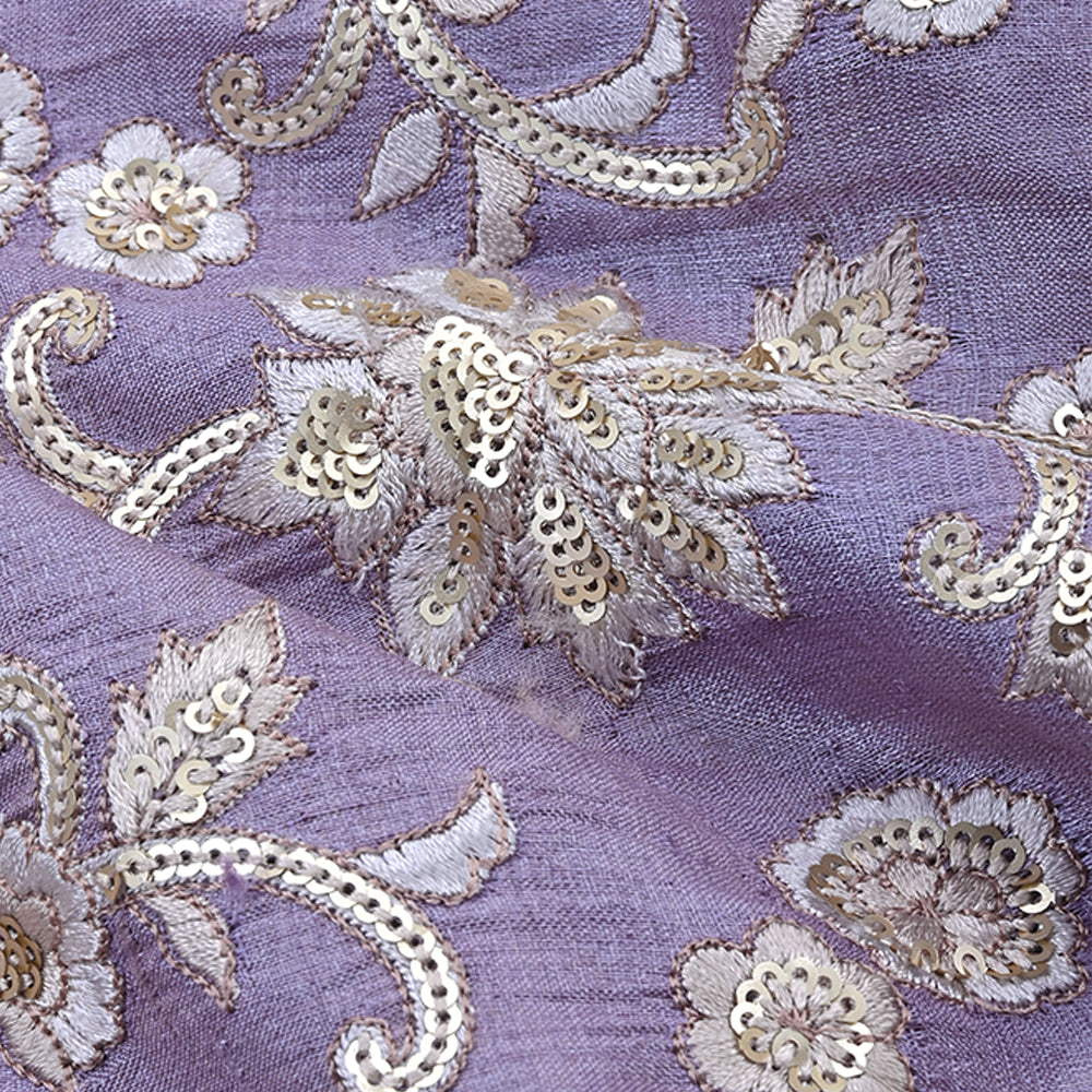 Heather Purple Raw Silk Fabric With Floral Embroidery