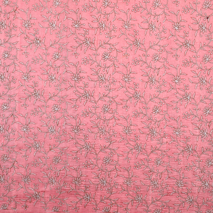Cascade Peach Raw Silk Fabric With Floral Embroidery