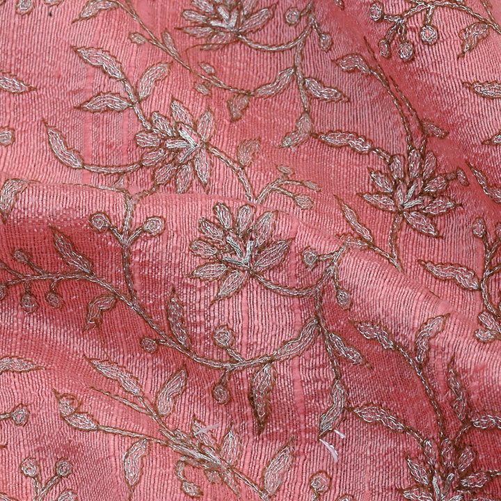 Cascade Peach Raw Silk Fabric With Floral Embroidery