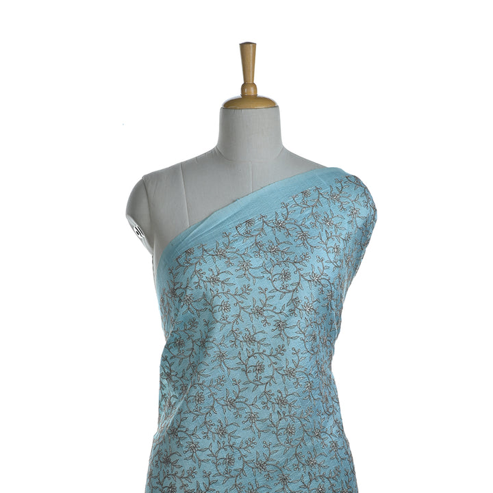 Sky Blue Raw Silk Fabric With Floral Embroidery