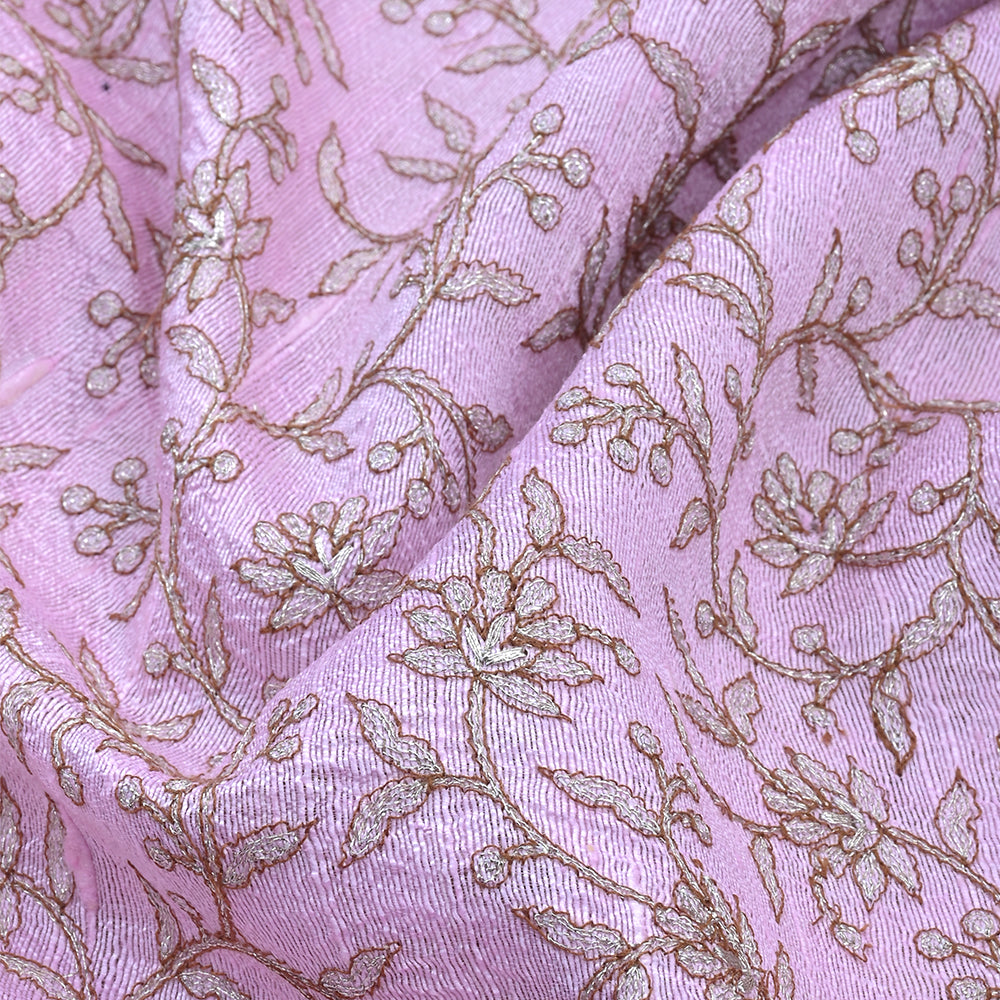 Thistle Purple Raw Silk Fabric With Floral Embroidery