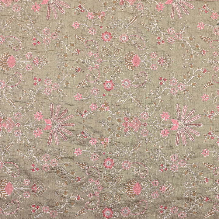 Oyster White Raw Silk Fabric With Floral Embroidery