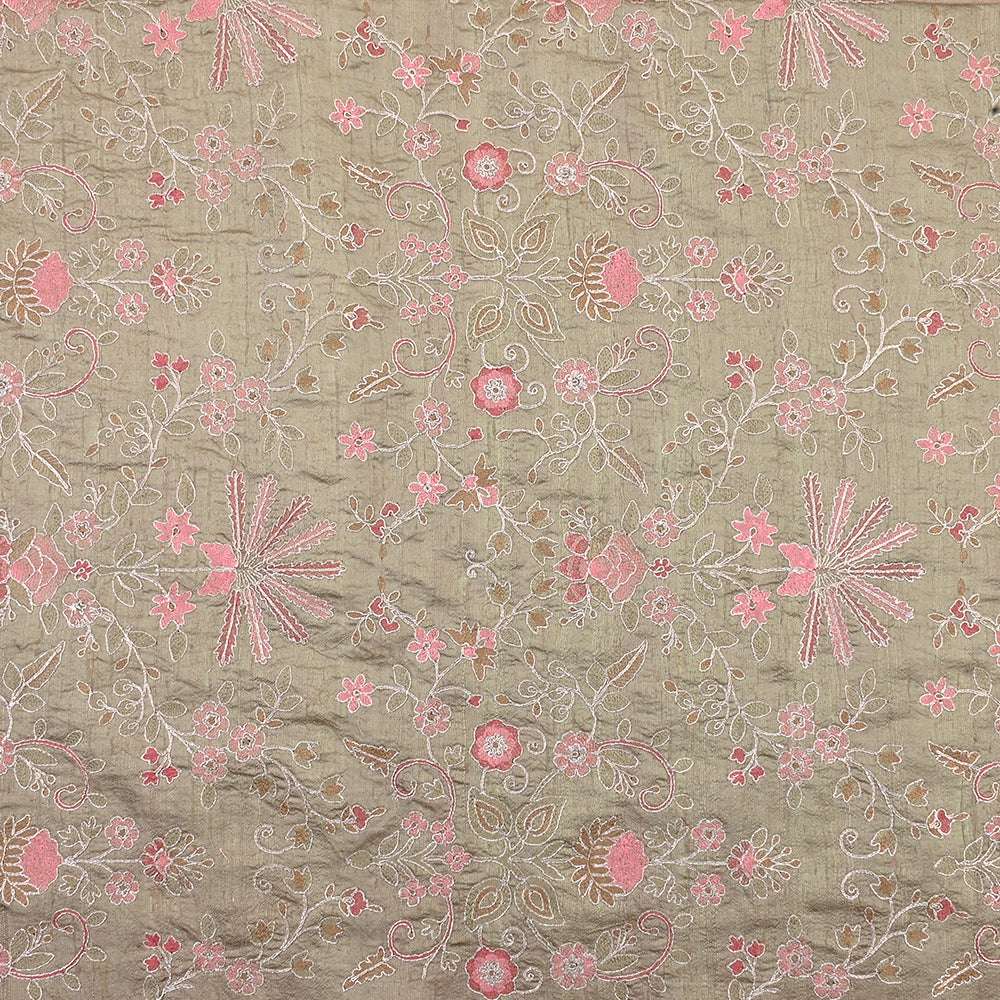 Oyster White Raw Silk Fabric With Floral Embroidery