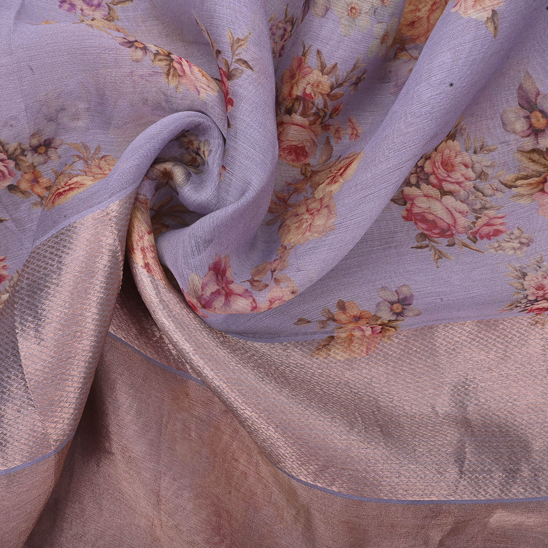 Lavender Grey Printed Floral Maheshwari Silk Fabric