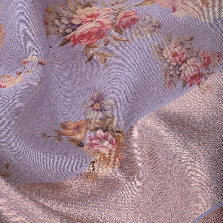 Lavender Grey Printed Floral Maheshwari Silk Fabric