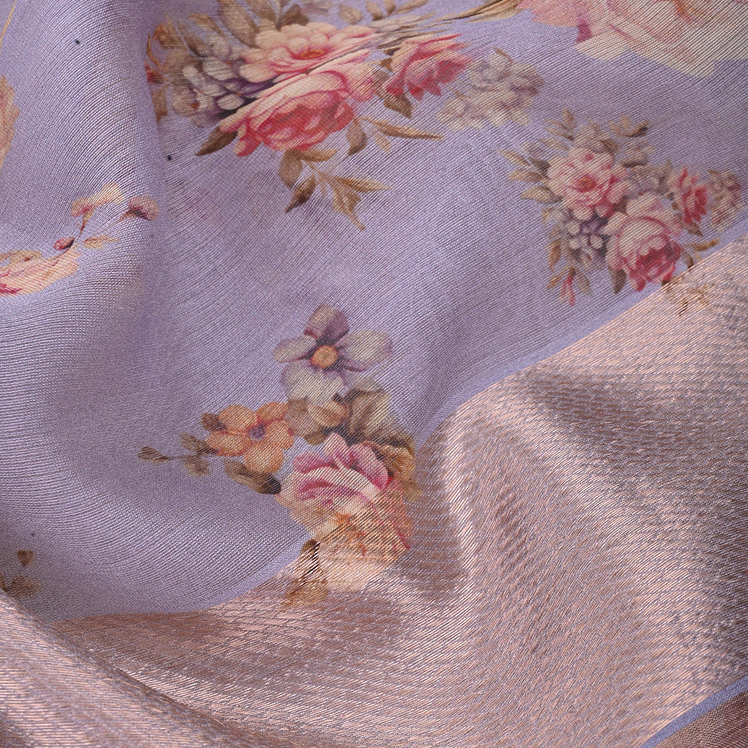 Lavender Grey Floral Print Maheshwari Silk Fabric
