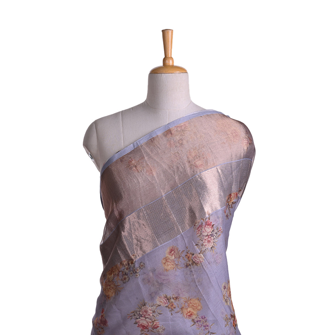 Lavender Grey Floral Print Maheshwari Silk Fabric