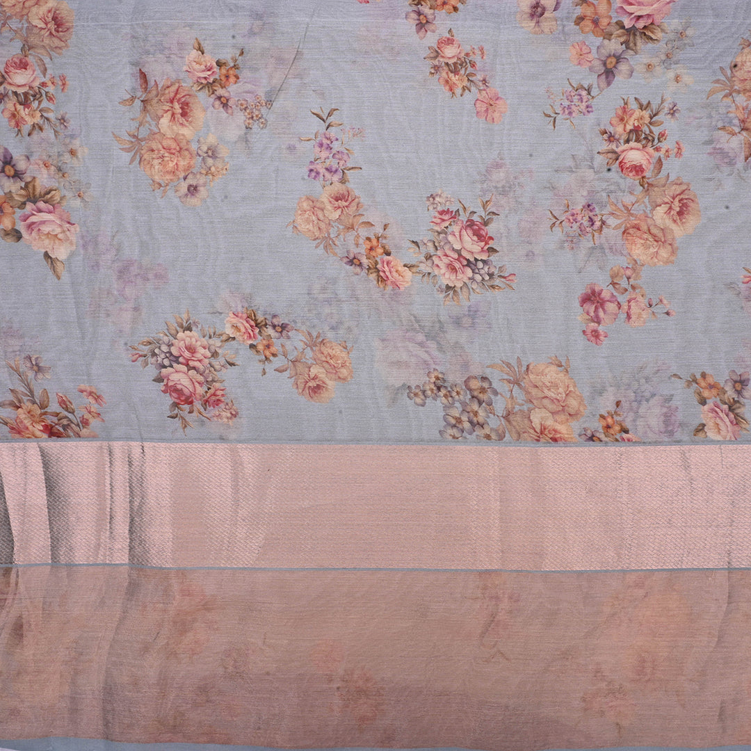 Blue Grey Floral Printed Maheshwari Silk Fabric