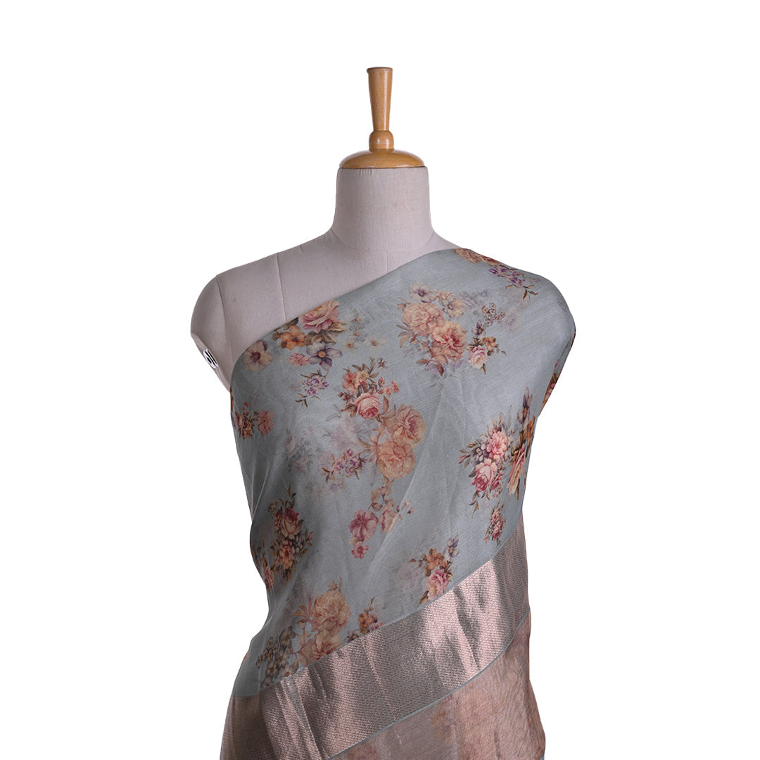 Blue Grey Floral Printed Maheshwari Silk Fabric