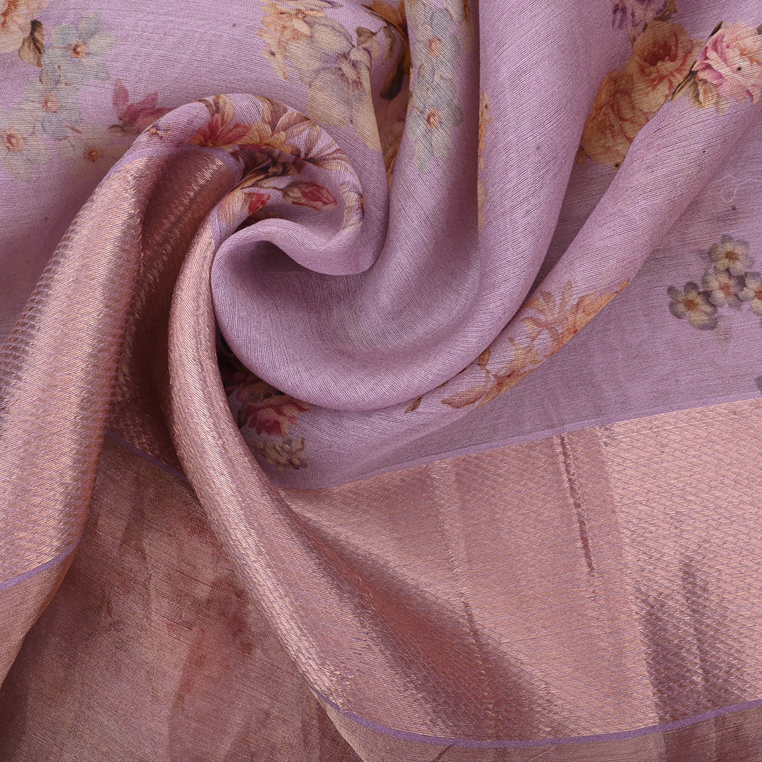 Thistle Purple Printed Floral Maheshwari Silk Fabric