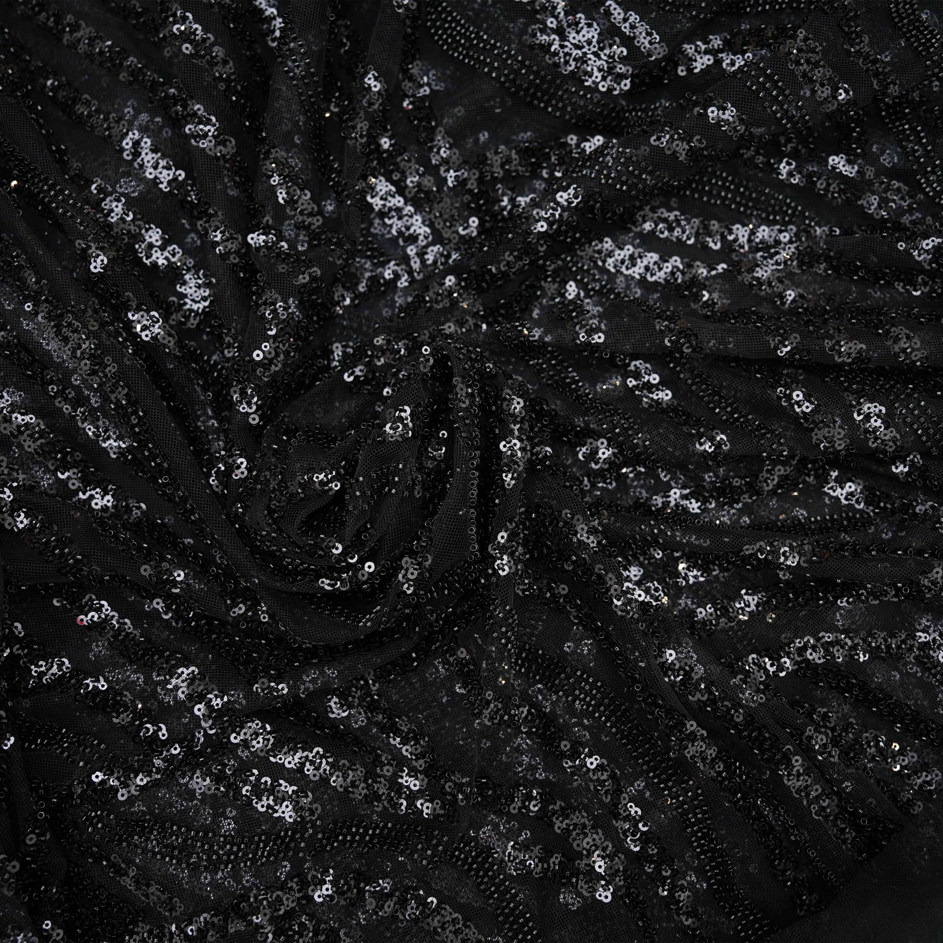 Charcoal Black Sequins And Beads Embroidered Net Fabric