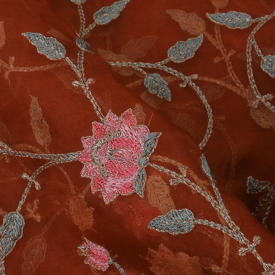 Chinese Orange Thread Work Embroidery Organza Fabric