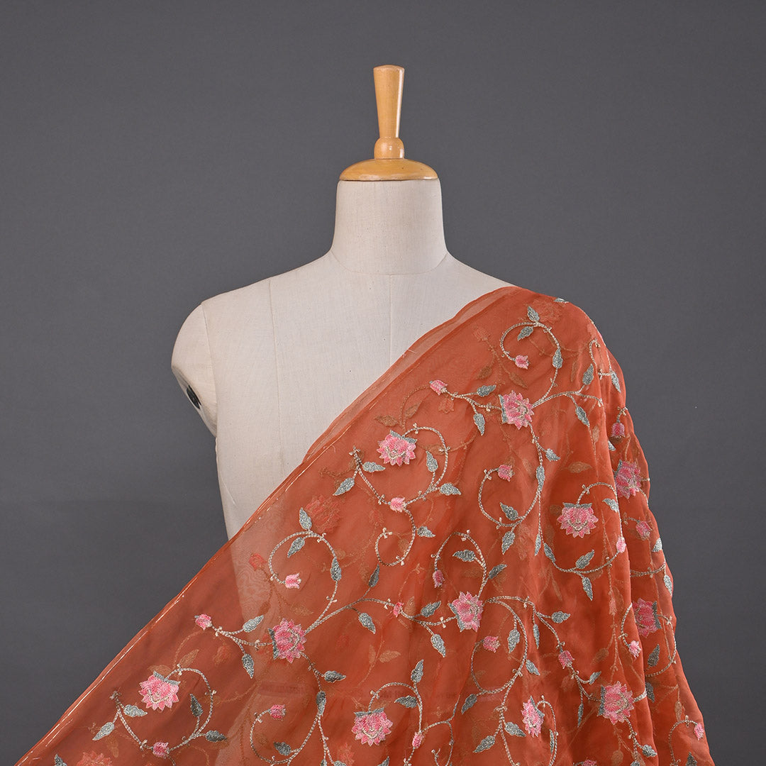 Chinese Orange Thread Work Embroidery Organza Fabric