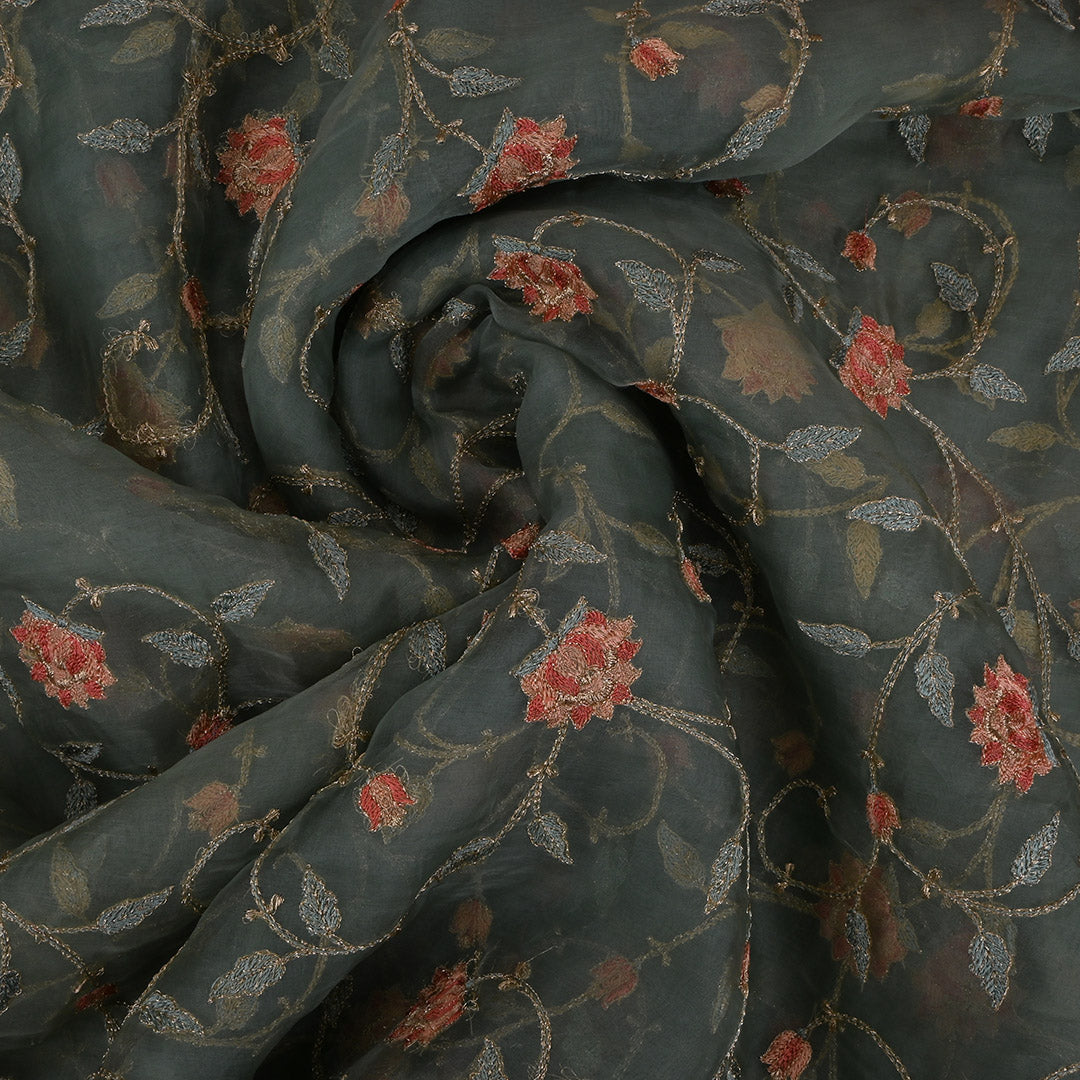 Ash Grey Thread Work Embroidery Organza Fabric