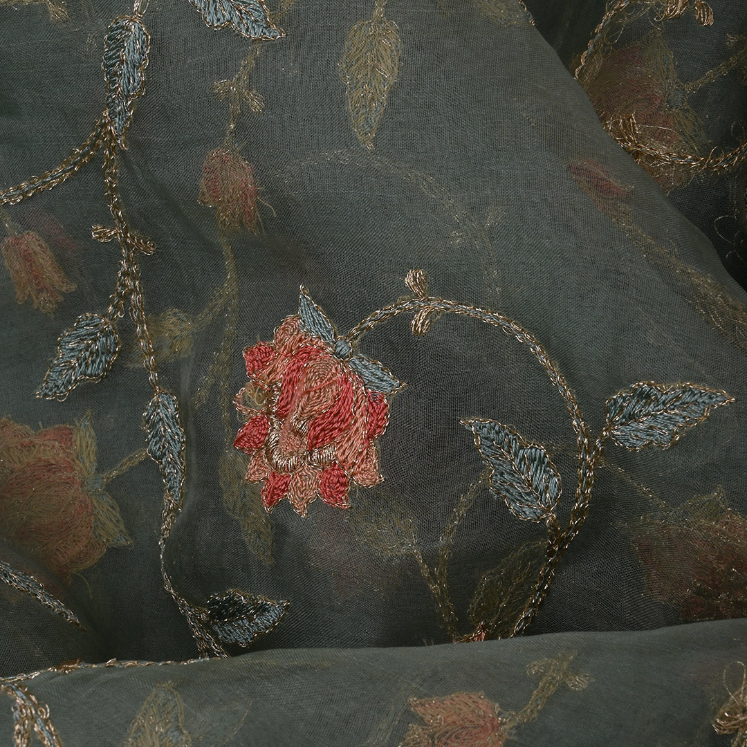 Ash Grey Thread Work Embroidery Organza Fabric