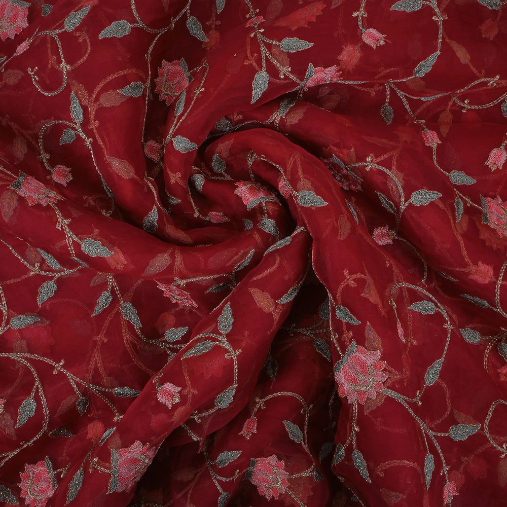 Carnelian Red Threadwork Embroidery Organza Fabric