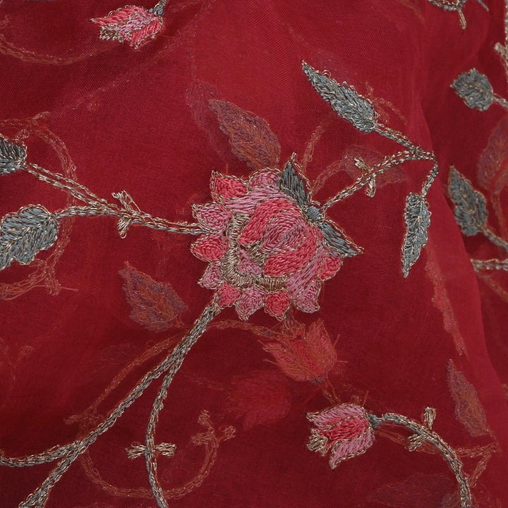 Carnelian Red Threadwork Embroidery Organza Fabric