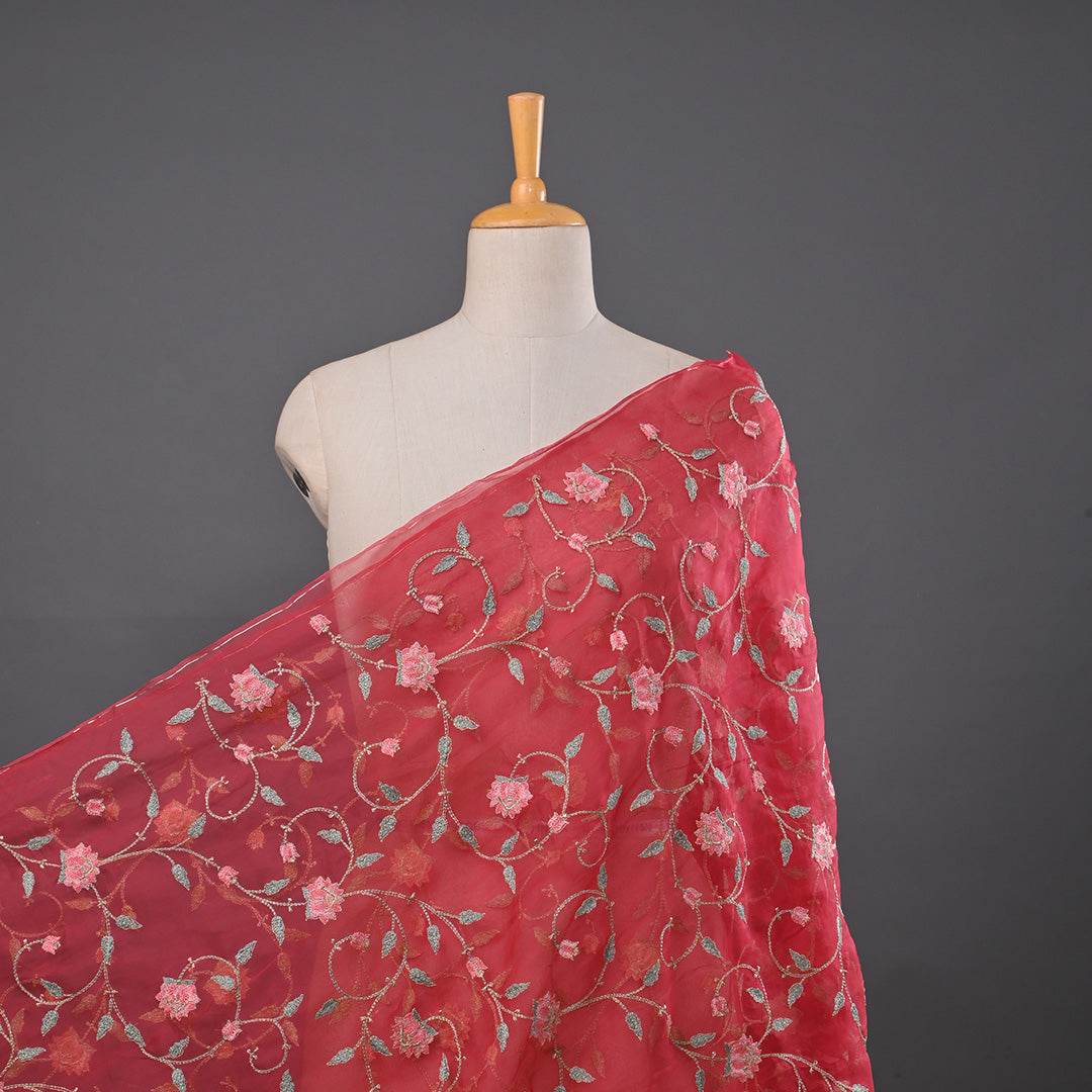 Carnelian Red Thread Work Embroidery Organza Fabric