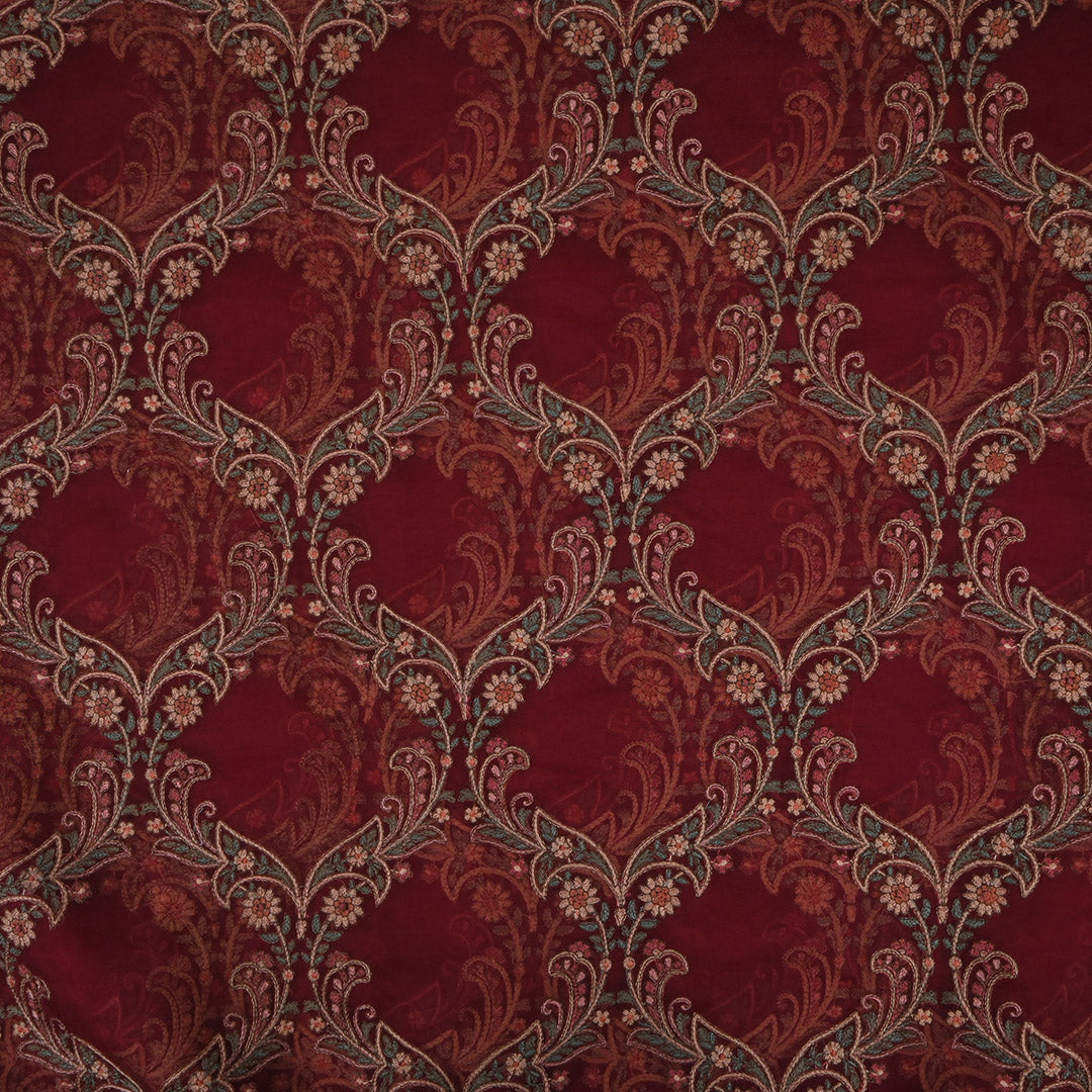 Deep Maroon Floral Embroidered Organza Fabric