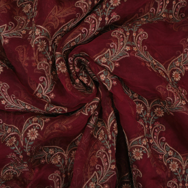 Deep Maroon Floral Embroidered Organza Fabric