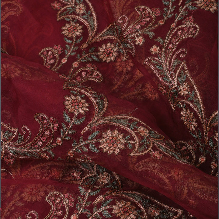 Deep Maroon Floral Embroidered Organza Fabric