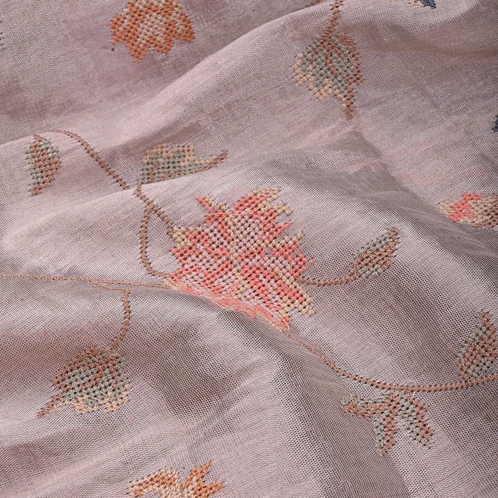 Pinkish Grey Thread Work Embroidery Tissue Fabric