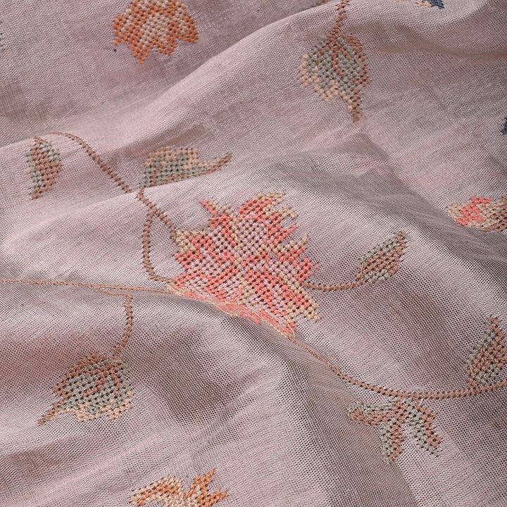 Pinkish Grey Thread Work Embroidery Tissue Fabric