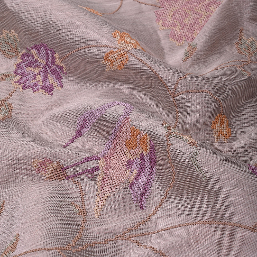Pink Grey Thread Work Embroidery Tissue Fabric