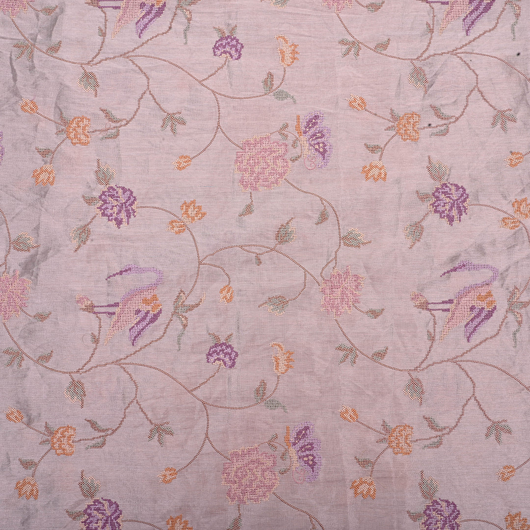Pink Grey Thread Work Embroidery Tissue Fabric