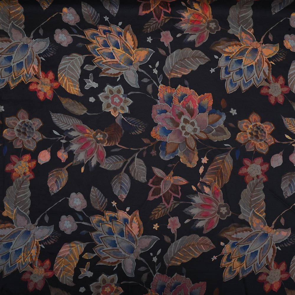 Black Floral Printed Silk Fabric