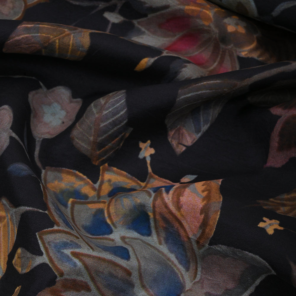 Black Floral Printed Silk Fabric