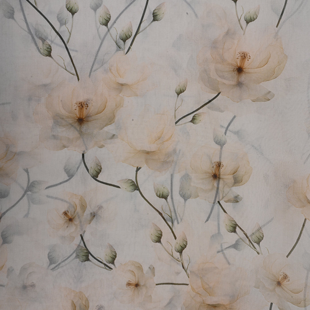 Milk White Printed Organza Fabric With Floral Pattern